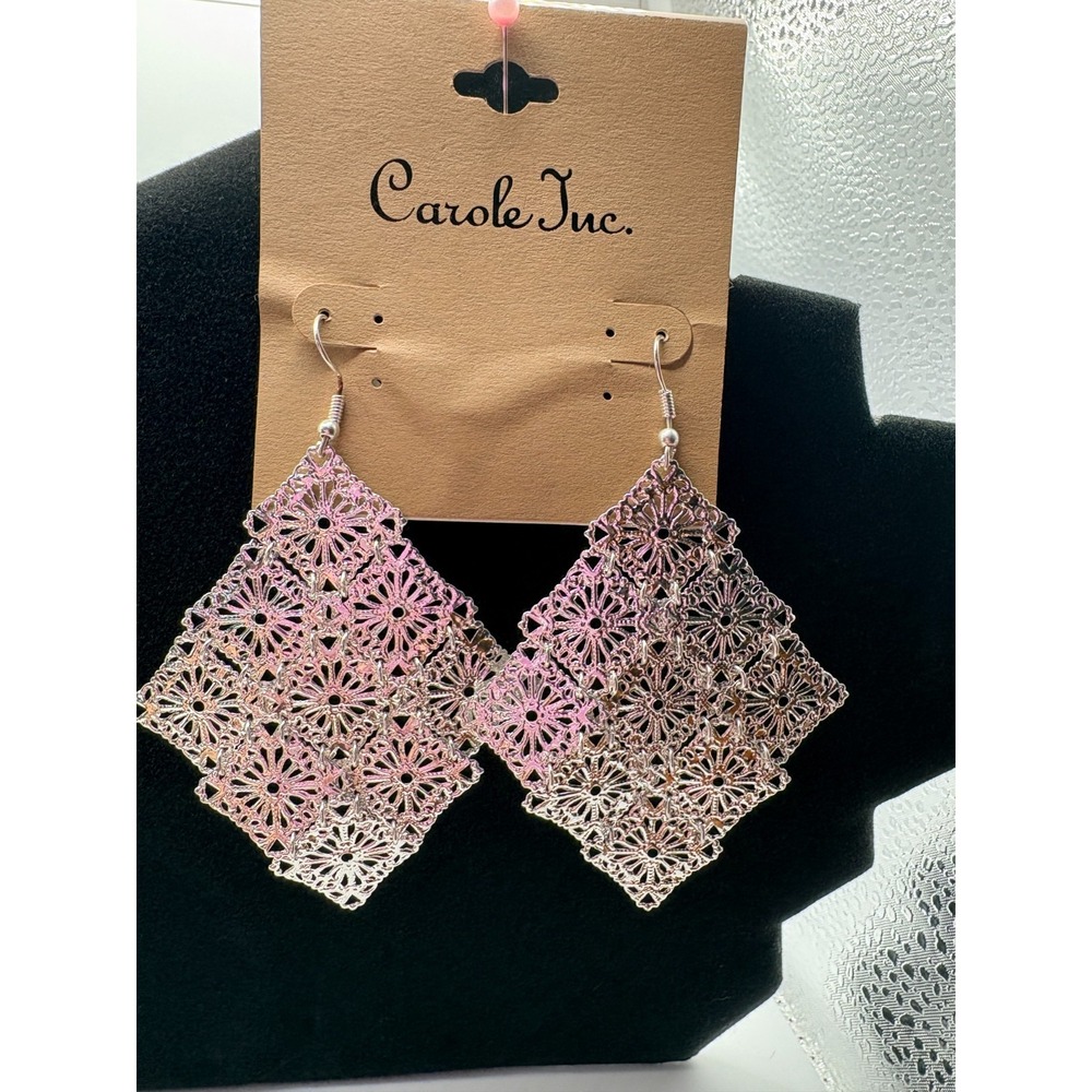 Carole Inc Silver Filigree Square Dangle Earring - Cut-out Design